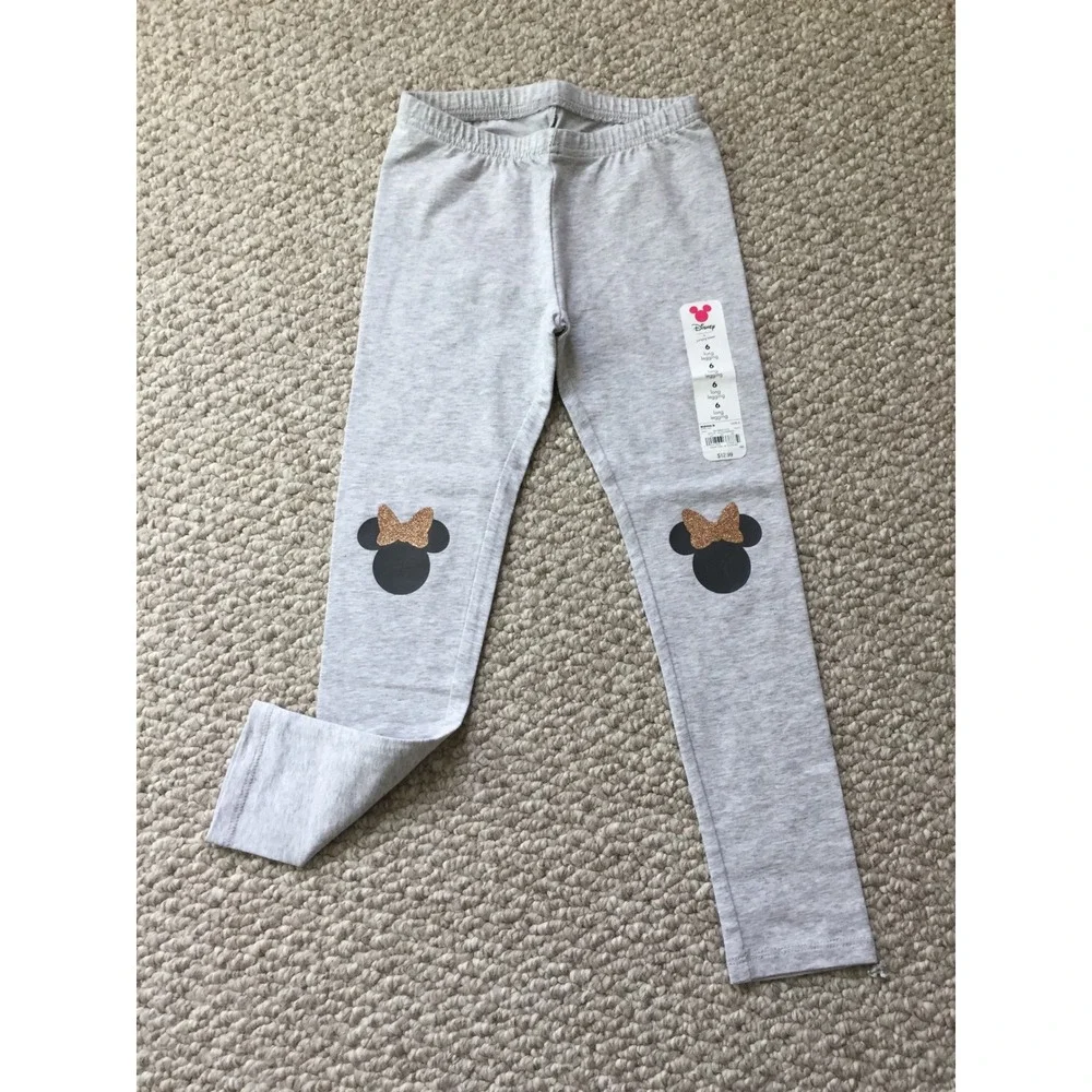 Disney Minnie Mouse Gray‎ Long Leggings Kids Size 6 Glitter Bows Joyful Comfort